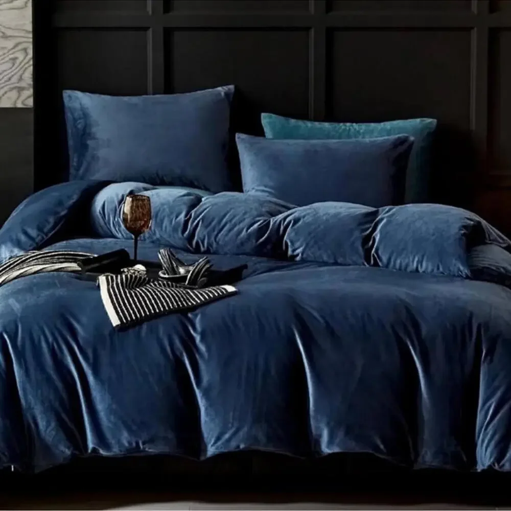 🆕 Blue Velvet Duvet Set King Luxury Hotel Vibes Cozy Bedding